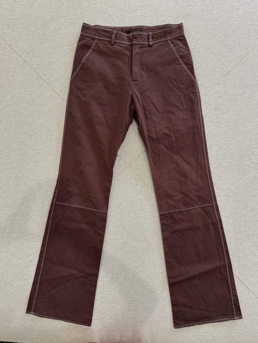 Brown Contrast-Stitch Wide-Leg Pants